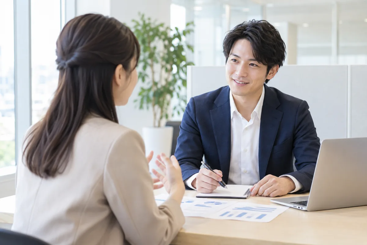 面談ブースで求職者の話を聞くキャリアアドバイザー